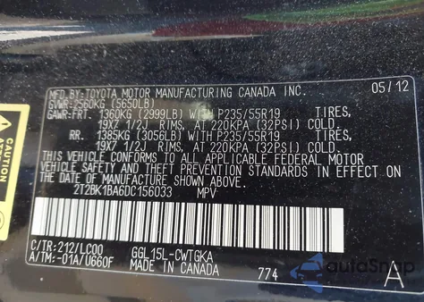 2013 Lexus Rx 350 from USA, damaged, VIN 2T2BK1BA6DC156033